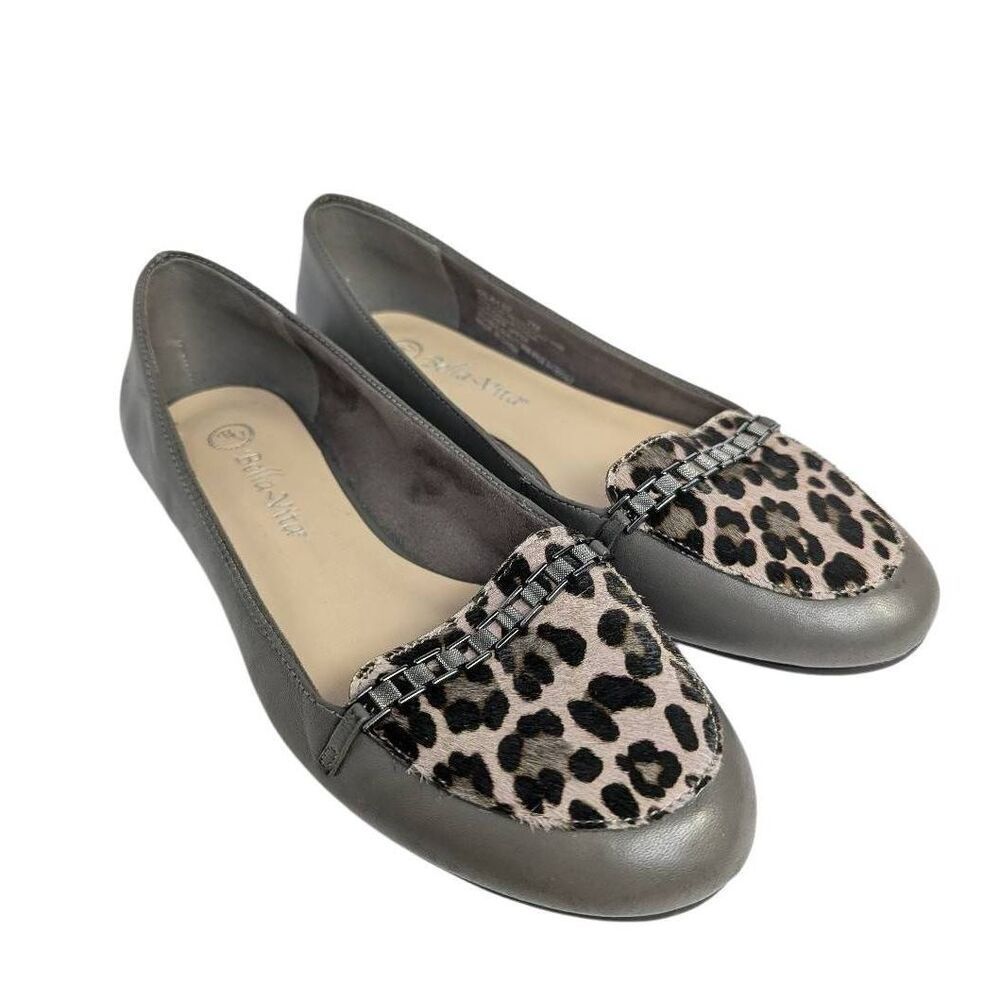 Bella Vita gray leather & animal print calf hair chain strap loafer flats 7